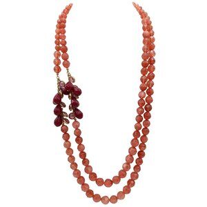 LYDELL NYC Muted Red Chunky Faceted Beaded 2-Strand Statement Necklace Gold Tone